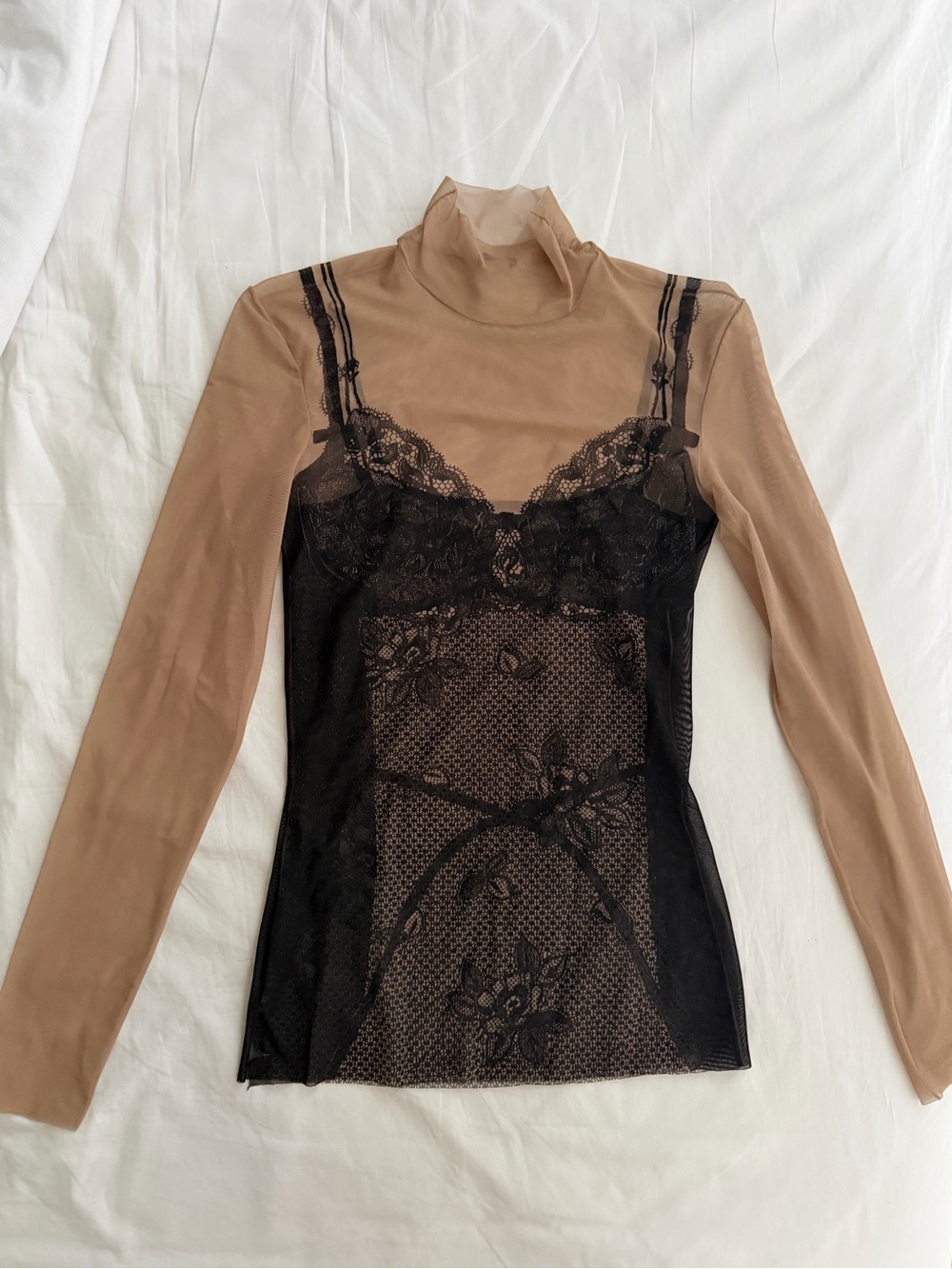 Balenciaga Beige Sheer Mock-Neck Tank with Black Lace Overlay